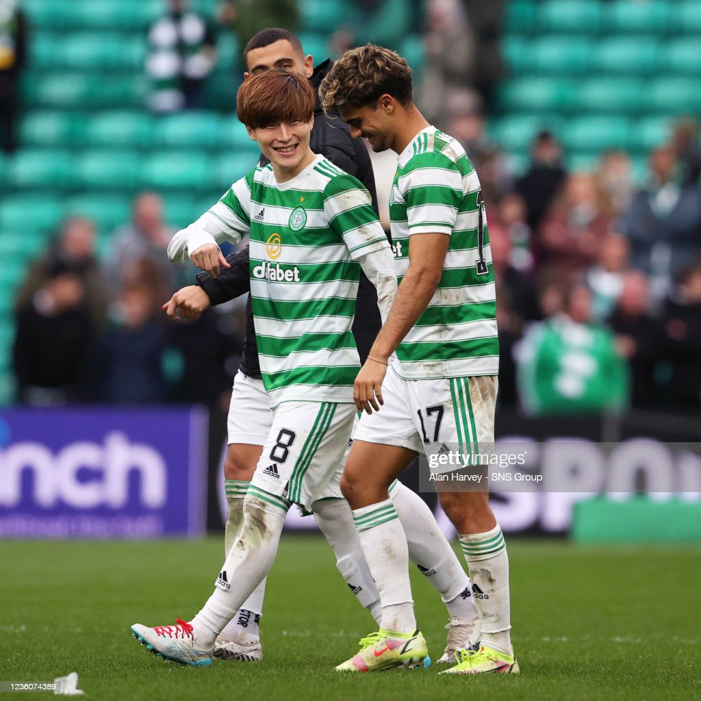 Celtic's Kyogo Furuhashi and Jota at full time during the cinch. News Photo