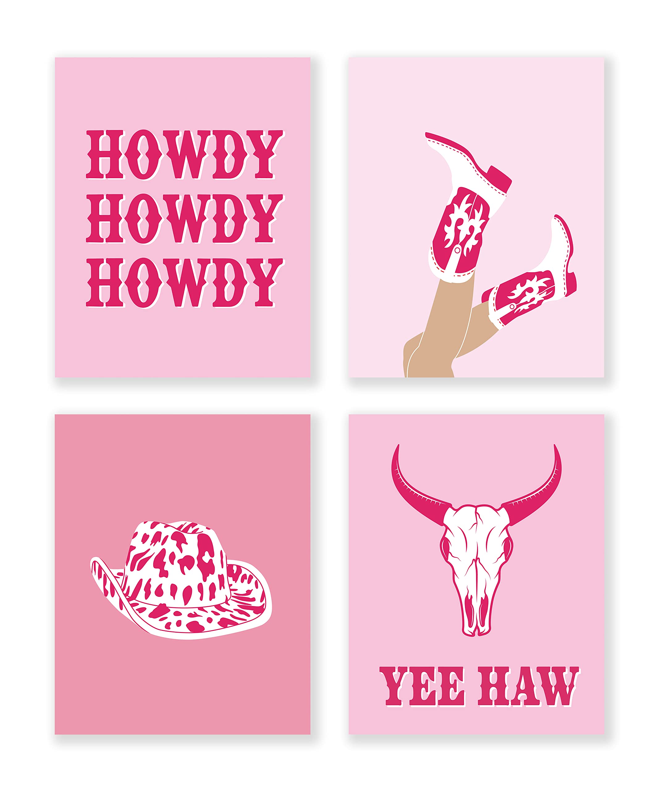 LiTiu Cowgirl Hat Boots Howdy Bull Skull Preppy Hot Pink Wall Art Poster Prints Decor, 8”x10”Set Of Preppy Artwork Teens Girls Gifts for Women, Decorations For Girls Room: Posters