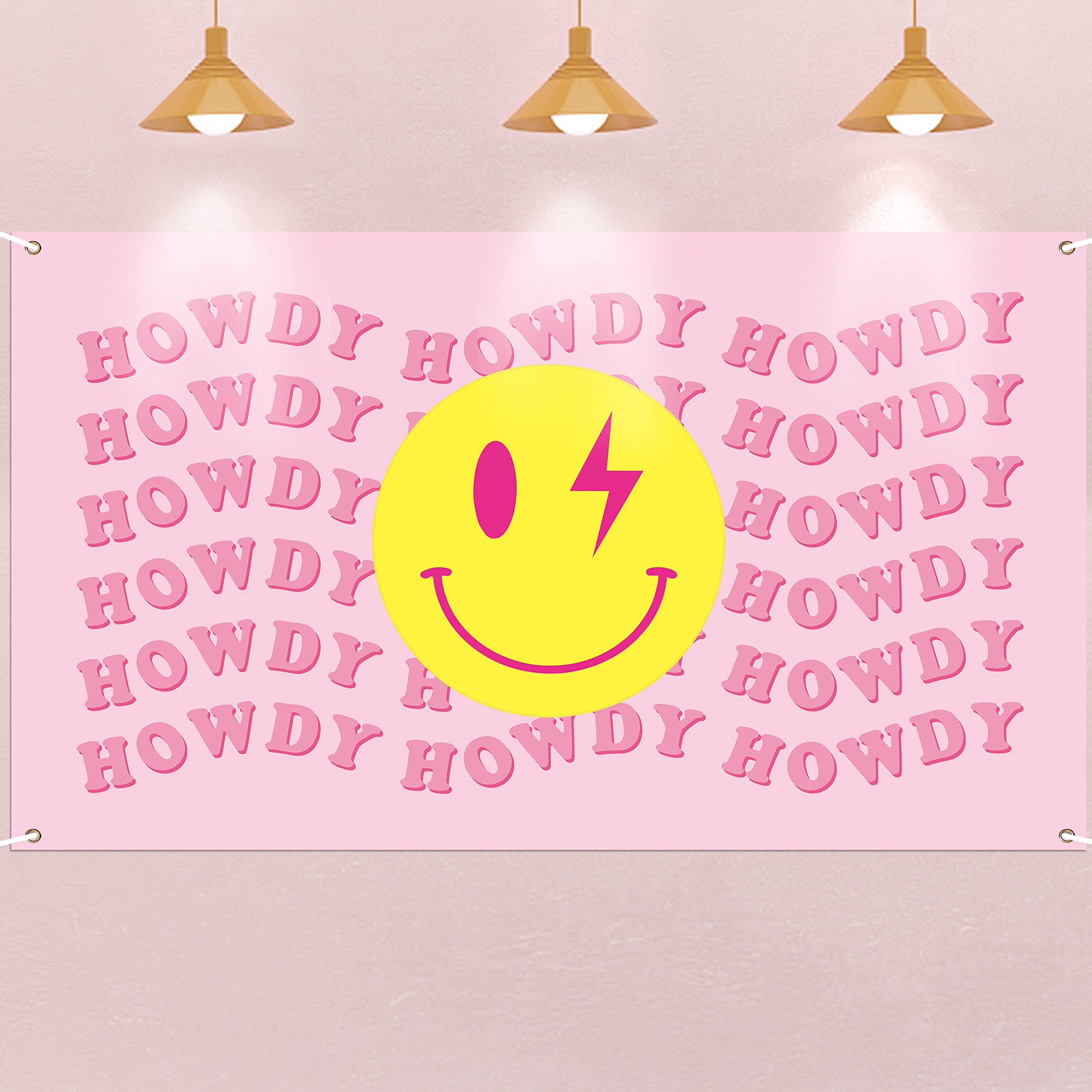 Y1tvei Preppy Cowgirl Room Decor Party Banner Aesthetic Pink Howdy Happy Face Tapestry Backdrop Modern Preppy Photography Background for Teen Girls Bedroom College Dorm Wall Hanging Props Photo Booth