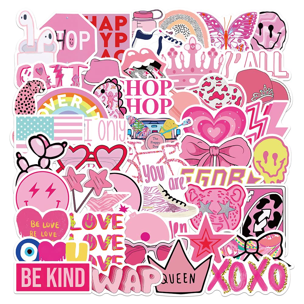 50Pcs Preppy Smile Happy Face Bolt Vinyl Sticker Party Supplies Cowgirl Vinyl Waterproof Sticker Aesthetic Stickers Decor Pink Party Mobile Phone Stickers for Laptop Water Bottle Potion Bottle, Toys