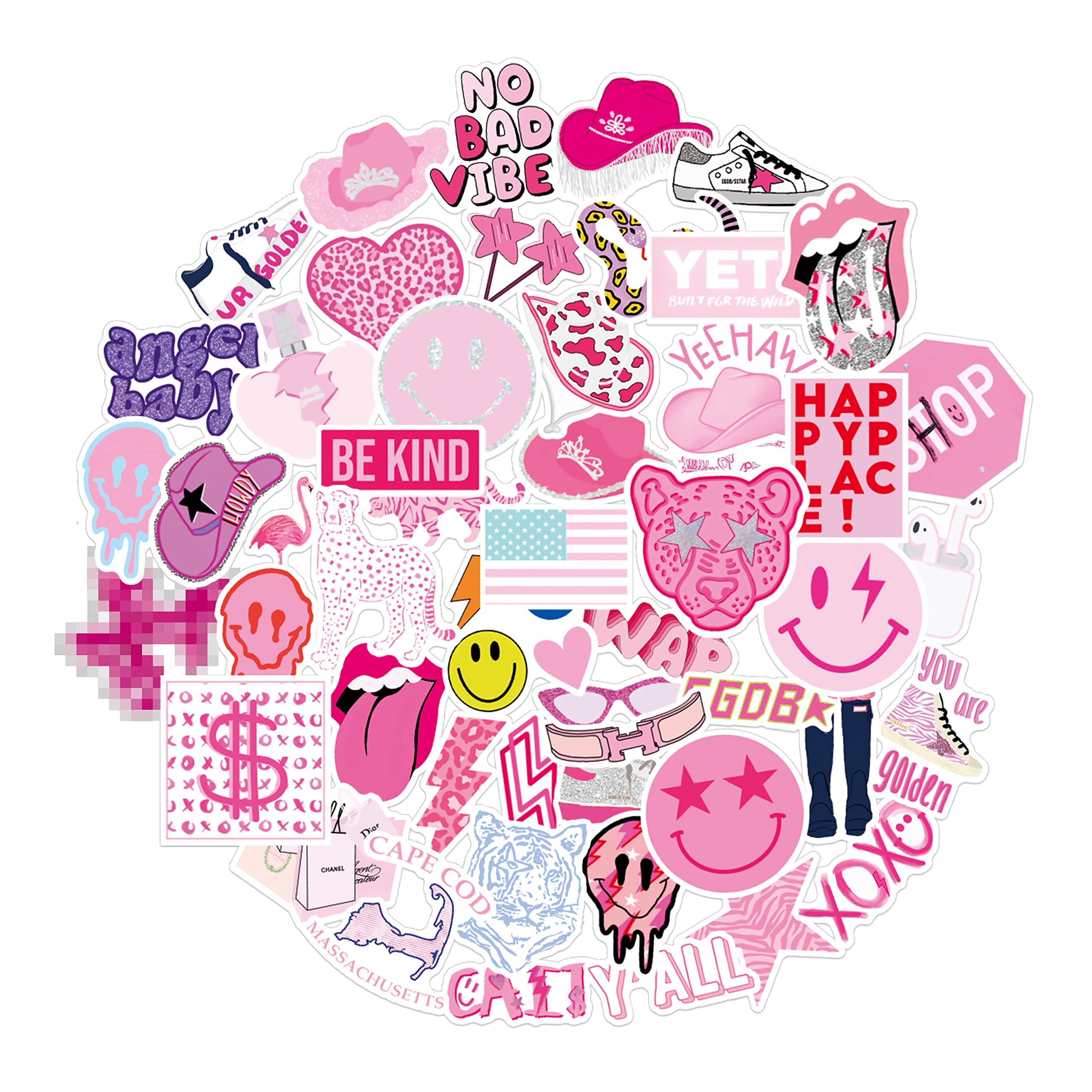 52Pcs Preppy Smile Happy Face Bolt Vinyl Sticker Party Supplies Cowgirl Vinyl Waterproof Sticker Aesthetic Stickers Decor Pink Party Mobile Phone Stickers for Laptop Water Bottle Potion Bottle