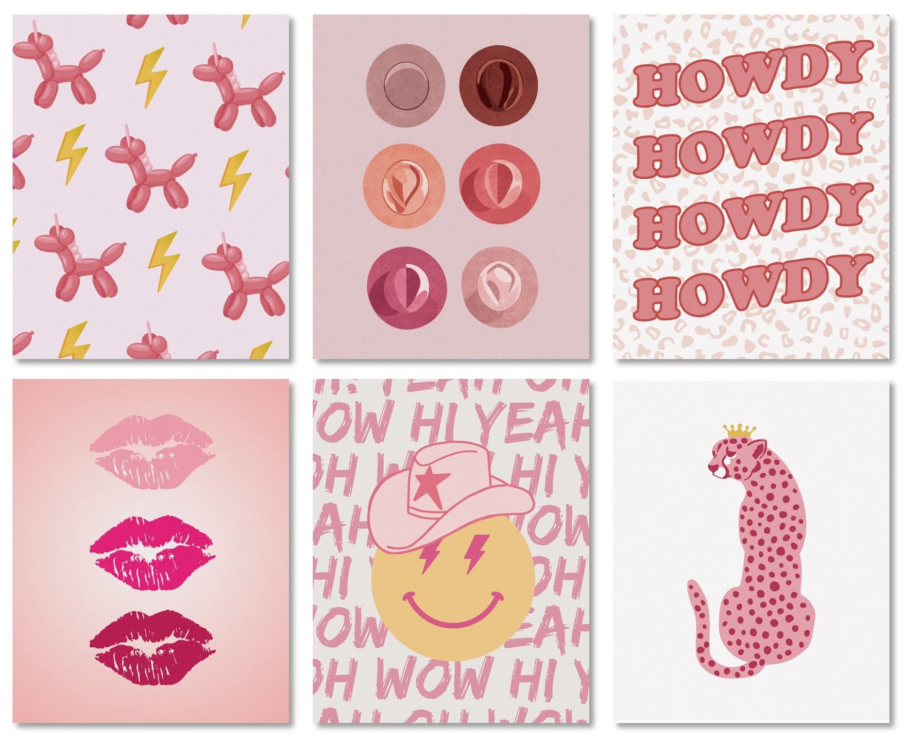 MINI ZOZI Preppy Room Decor Light Pink Posters 6PCS 8X10 UNFRAMED Aesthetic Trendy Girls Dorms Wall Art Decoration Hot Teen Cute Leopard Cheetah Prints Lips Cowgirl Hat Howdy Smiley Face Balloon