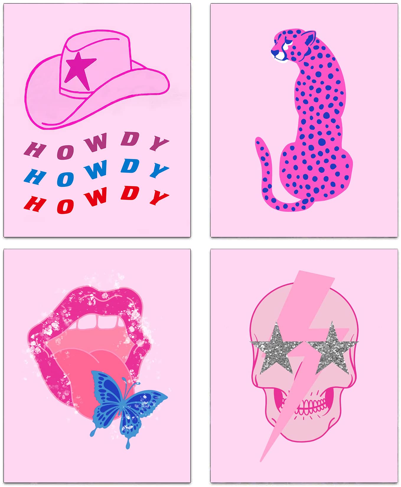 Pink Aesthetic Poster Preppy Room Decor, Cowgirls Hat Leopard Skull Lip Canvas Wall Art, Fashion Female Wall Art Painting for Teen Girls Bedroom College Dorm Room Decor, Set of 4-(8x10 Unframed)