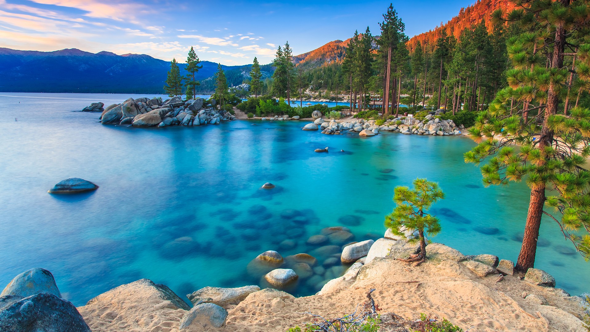 landscape, water, mountains, clear water, USA, Nevada, sunrise, sand, sky, water ripples, far view, rocks, Lake Tahoe, clouds, trees, nature Gallery HD Wallpaper