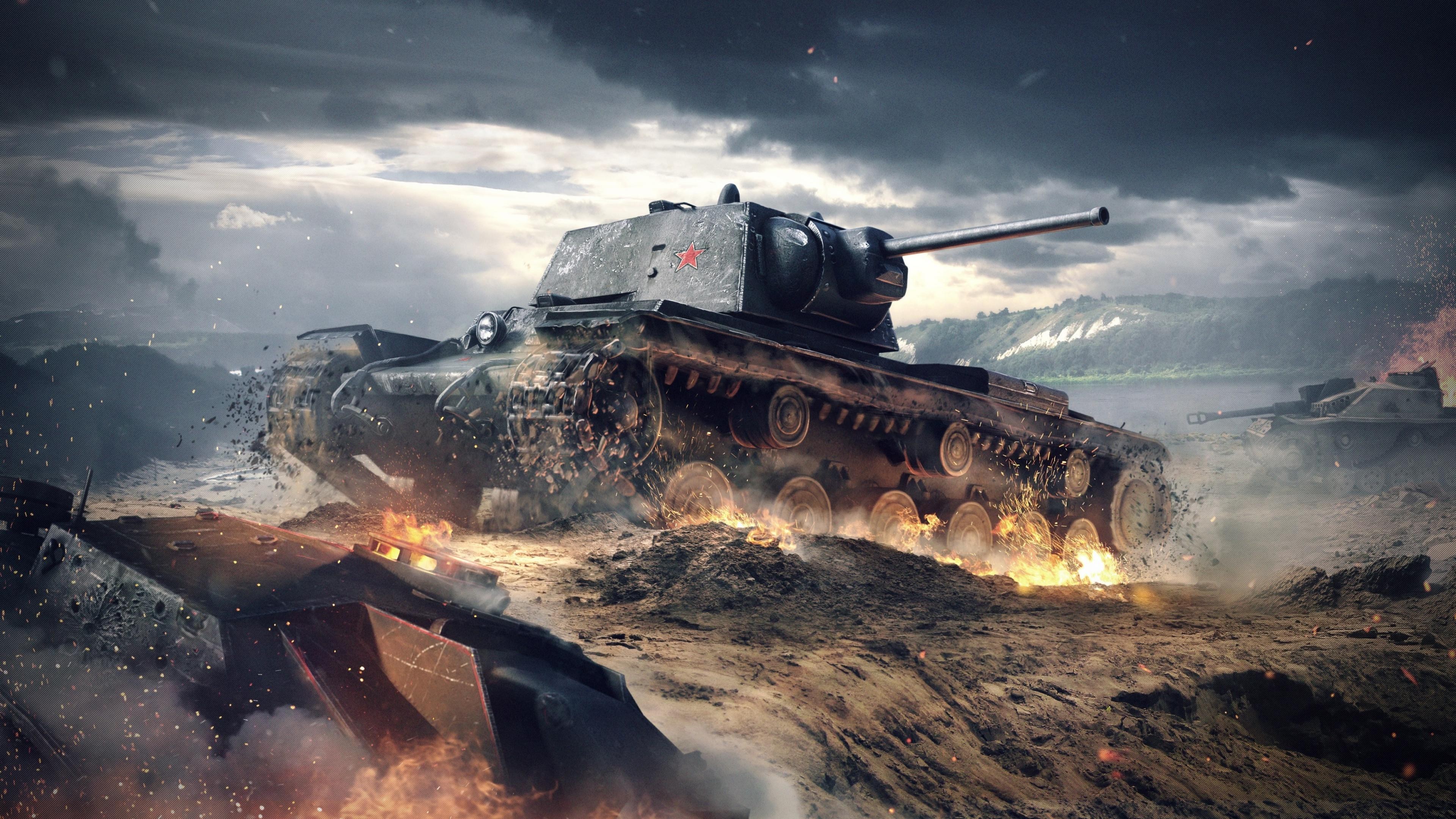 Wallpaper World of Tanks Blitz, game, tactic, mmo, tank, KV- battlefield, sparks, clouds, sky, battle, fire, screenshot, 4k, 5k, PC, Military