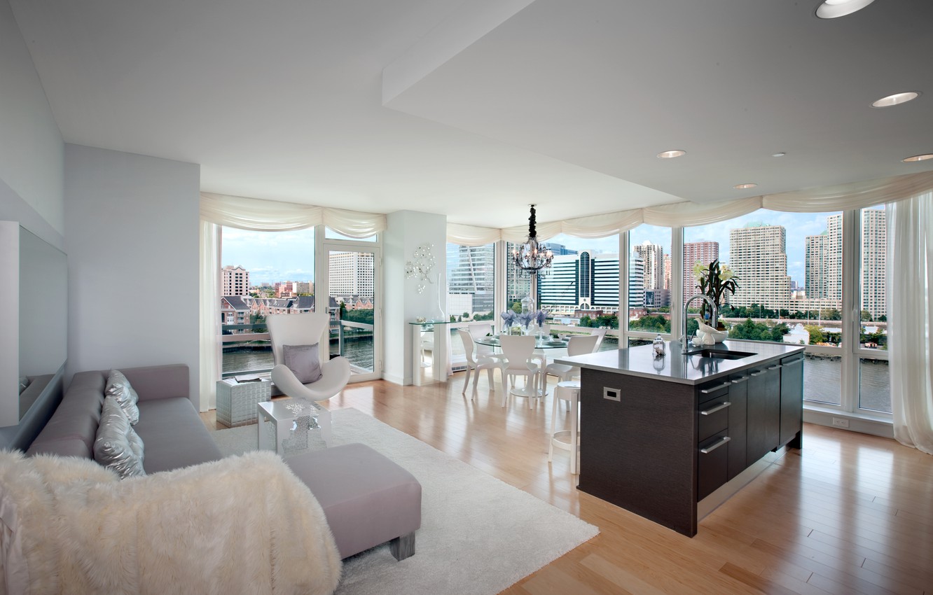 Wallpaper the city, house, sofa, Wallpaper, interior, kitchen, sink, apartment, skyscrapers, table, the view from the window, wallpaper image for desktop, section интерьер