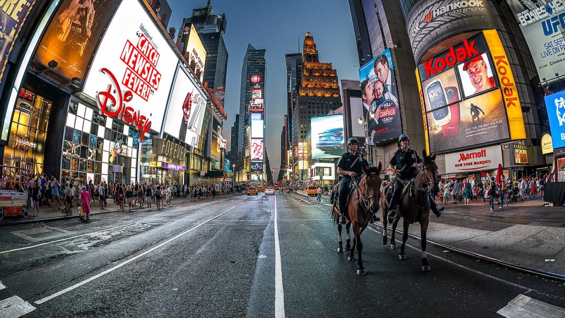 New York Times Square City Street Road Police Patrol Horseback Riding Night Lights People Skyscrapers Hdr Wallpaper 1920x1080, Wallpaper13.com