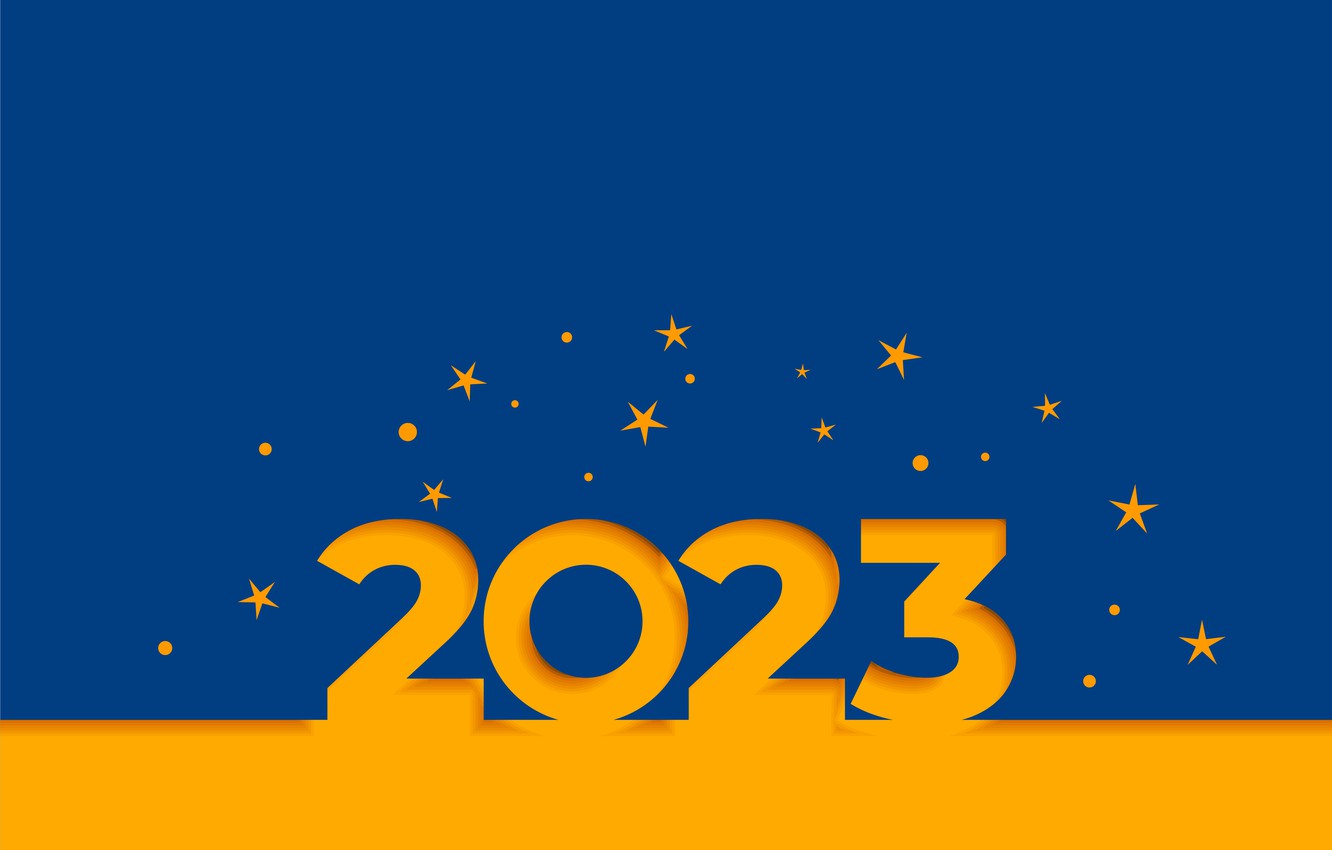 Wallpaper blue, yellow, background, contrast, figures, New year, stars, date, 2023, Новый 2023 год image for desktop, section новый год