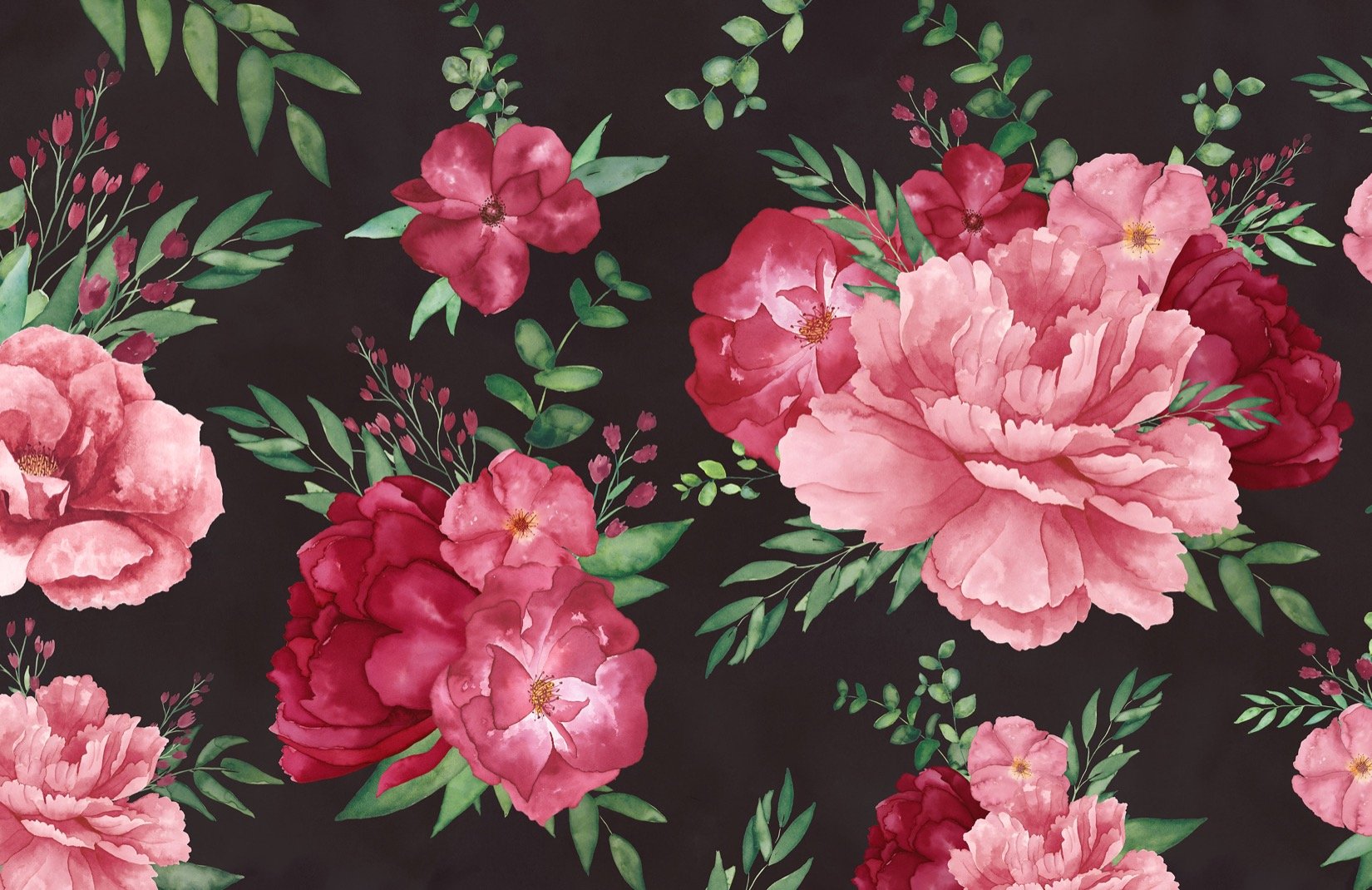 Pink & Black Dark Watercolor Floral Print Wallpaper Mural
