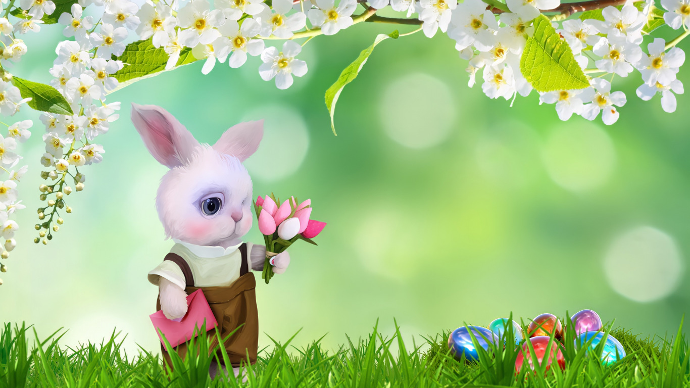 Download wallpaper Grass, Spring, Easter, Eggs, Bouquet, The Easter Bunny, Цветущая Ветка, section holidays in resolution 1366x768