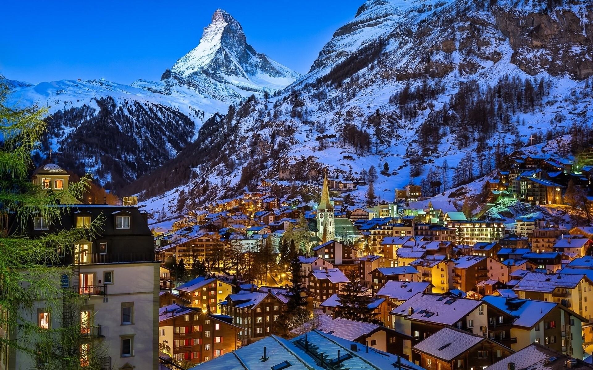Zermatt, church, town, evening, nature, house, Matterhorn, lights, rooftops, mountains, rock, Switzerland, landscape, winter, valley, trees, snow Gallery HD Wallpaper