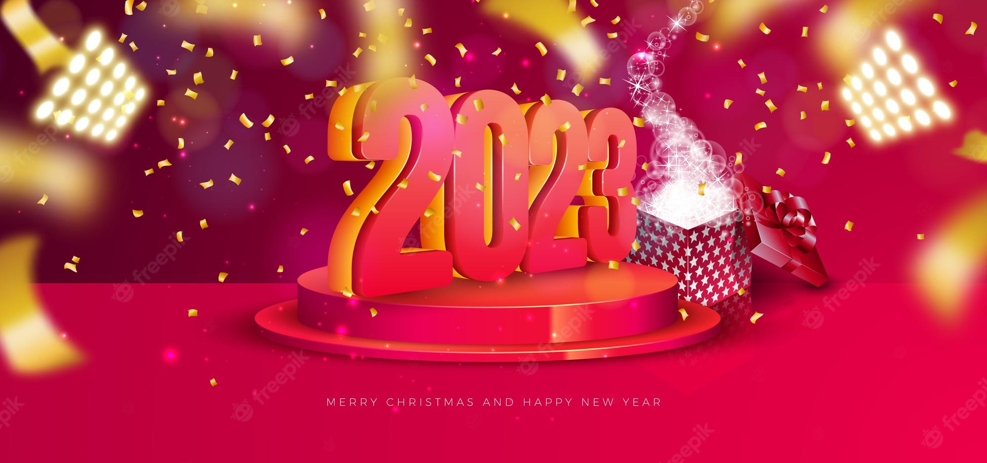 Free Vector. Happy new year 2023 illustration with 3D number on podium and falling confetti on red background