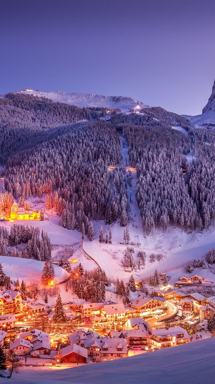 Wallpaper Alps, mountains, town, winter, snow, night 1920x1440 HD Picture, Image