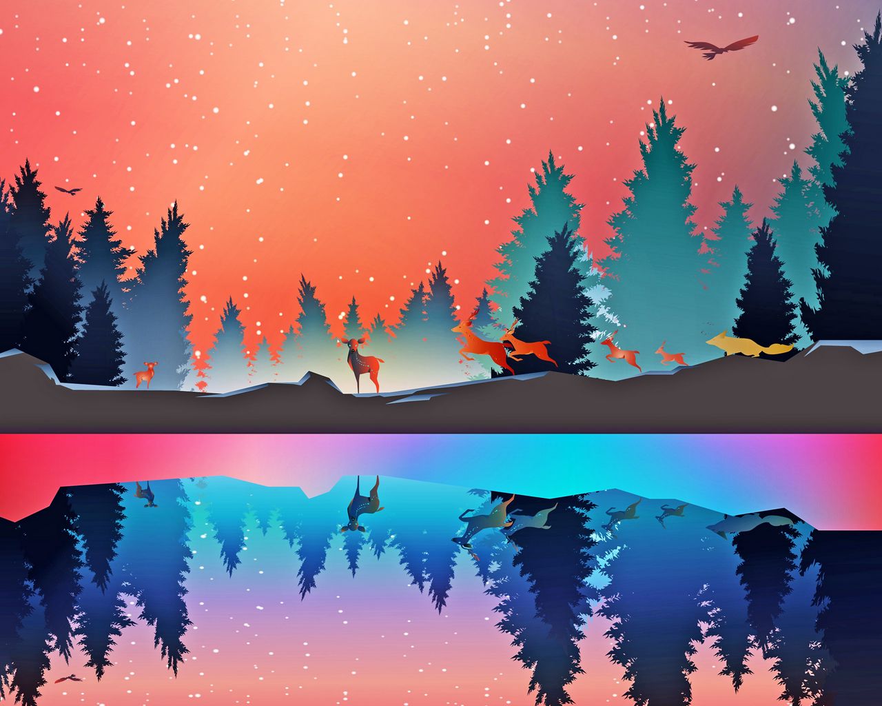 Download wallpaper 1280x1024 winter, animals, art, vector, forest, reflection standard 5:4 HD background