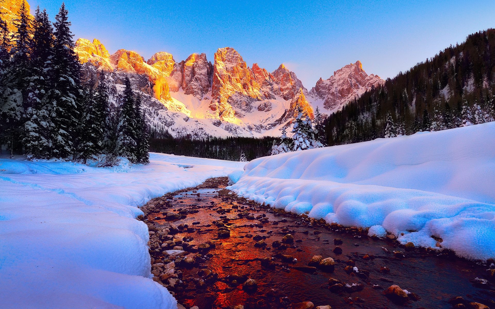 Dolomites Mountain Peaks In Italy Sunrise Winter Snow River Forest Pine Trees Blue Sky HD Desktop Wallpaper 1920x1200, Wallpaper13.com