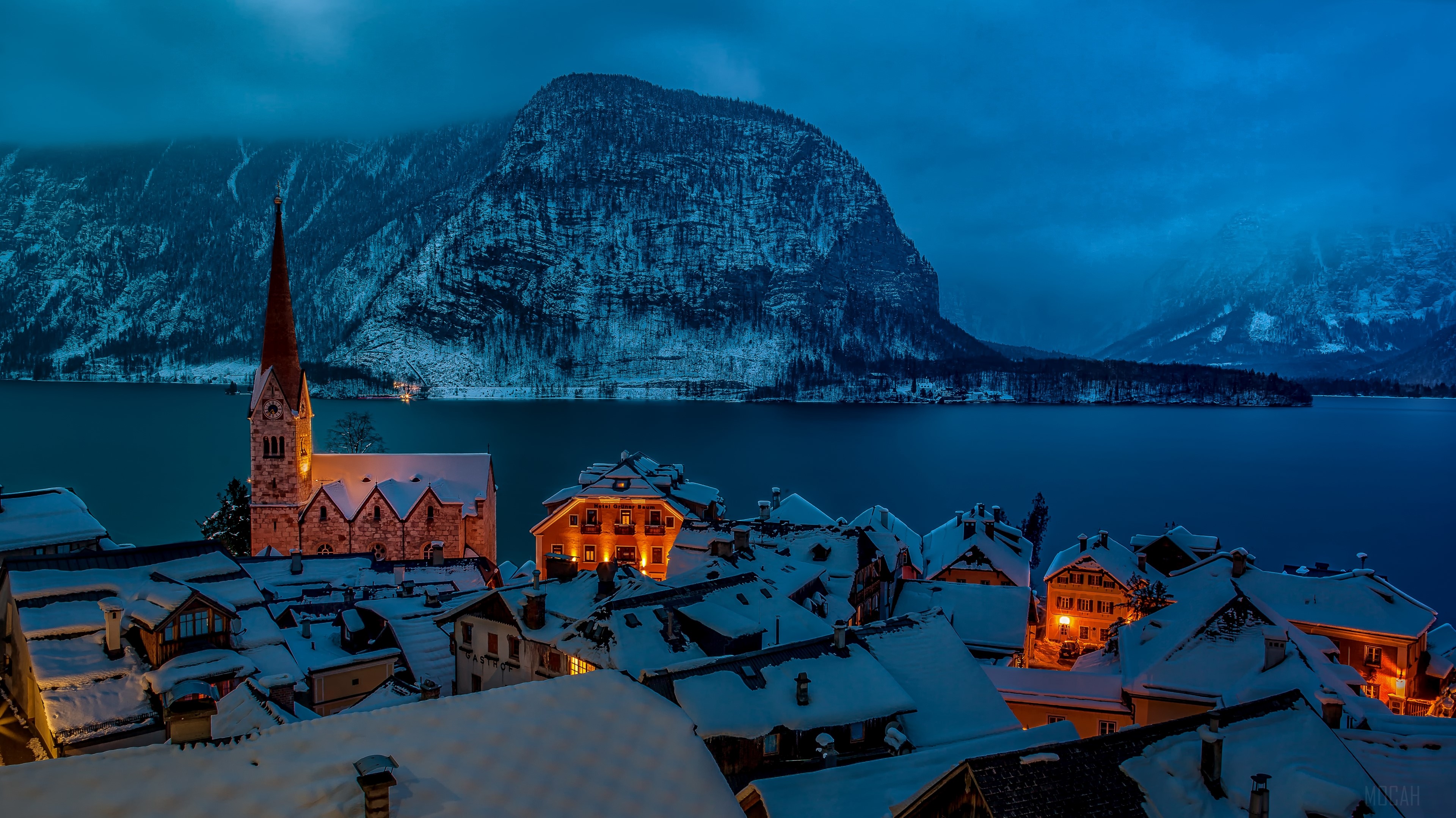 Hallstatt, House, Mountain, Night, Snow, Town, Winter 4k Gallery HD Wallpaper
