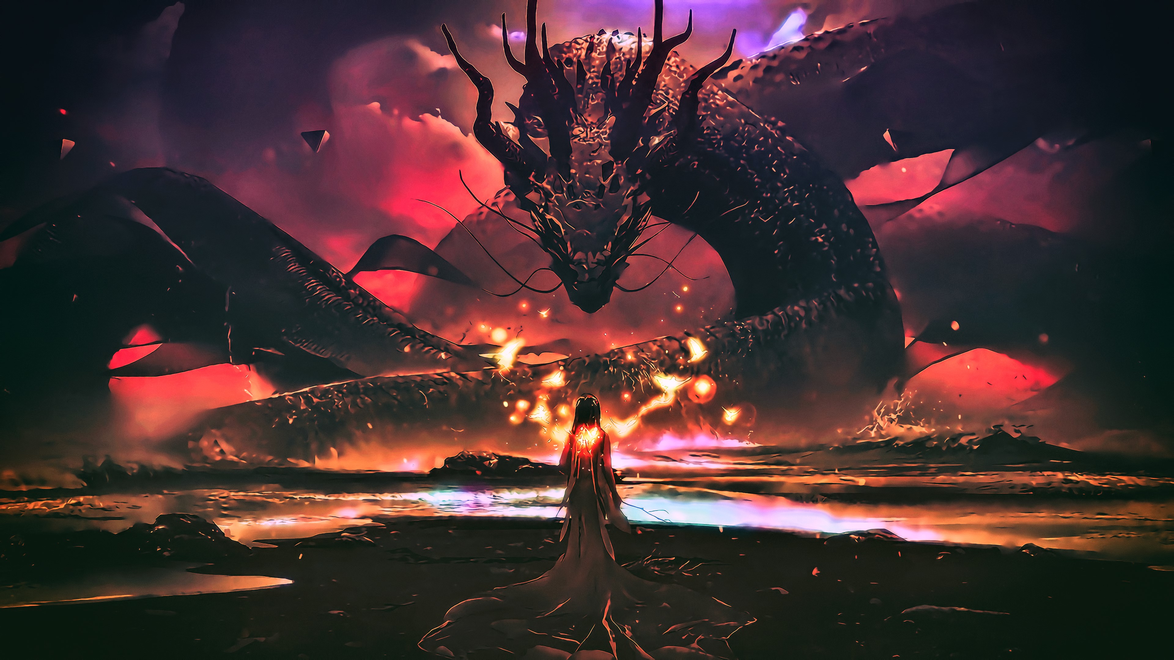 Wallpaper / fantasy art, artwork, dragon, night, fire, fan art, water, birds, clouds, horns, mythology, sea monsters, mist, coast, waves, magic, creature free download