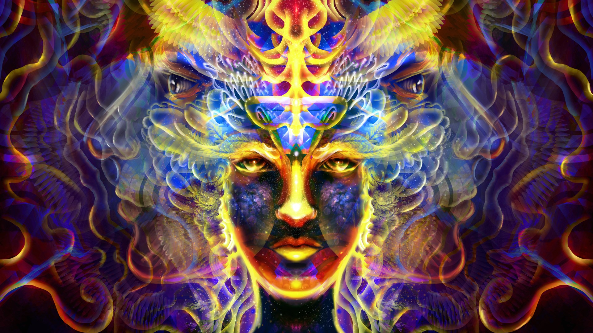 Wallpaper / trippy, psychedelic, colorful, fractal, face, symmetry, yellow free download