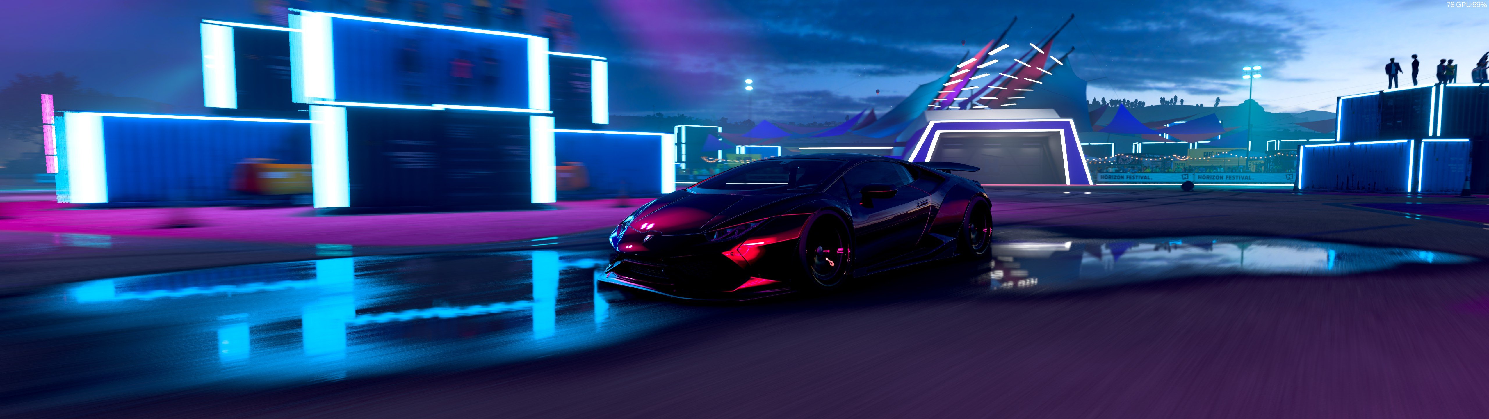 Lamborghini Huracan EVO RWD Forza Horizon 5 Photo Realistic Neon Car Wallpaper:5120x1440