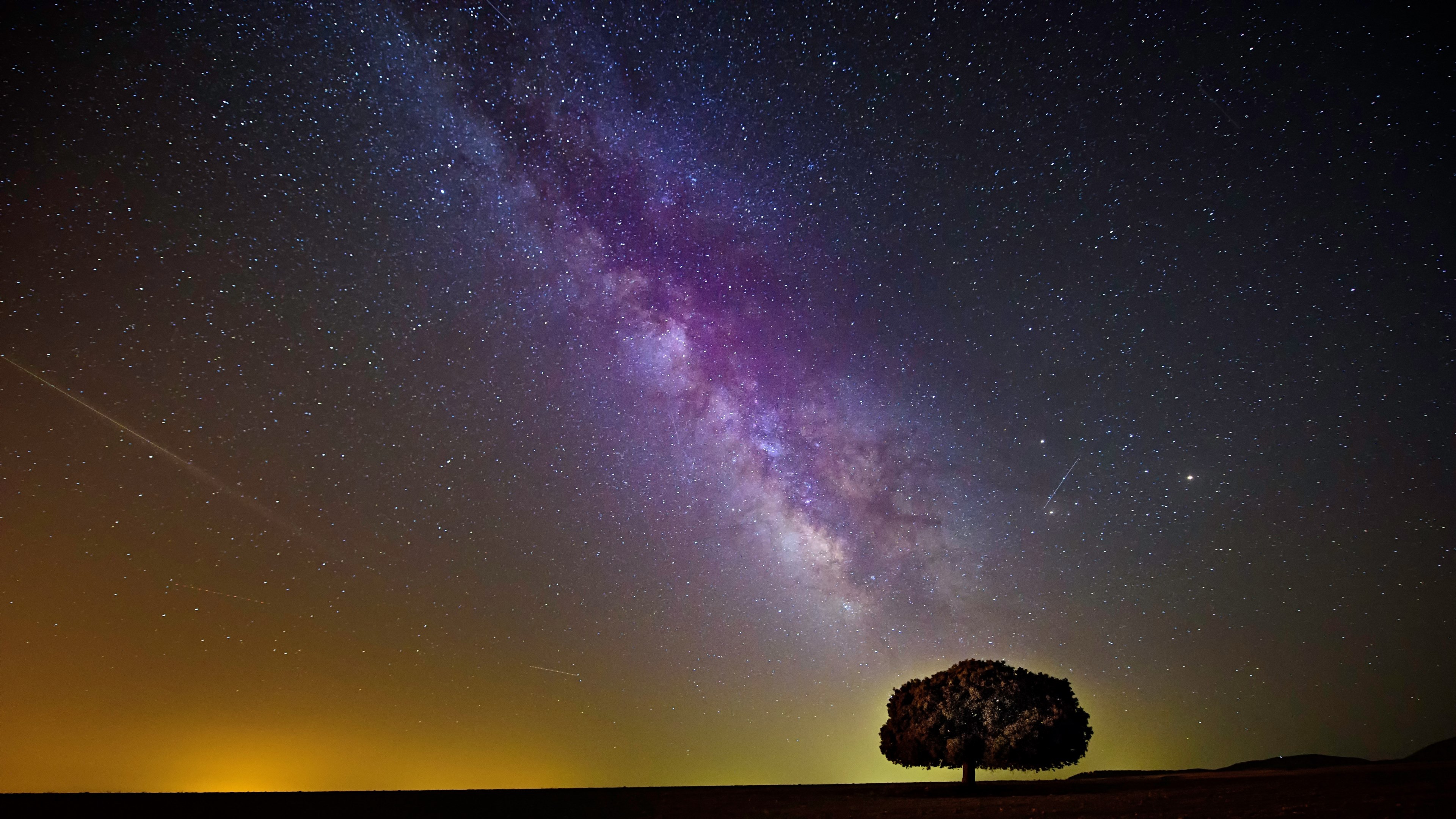 Wallpaper / colorful sky with shooting stars and the milky way over a tree in murcia, milky way stars murcia 4k wallpaper free download