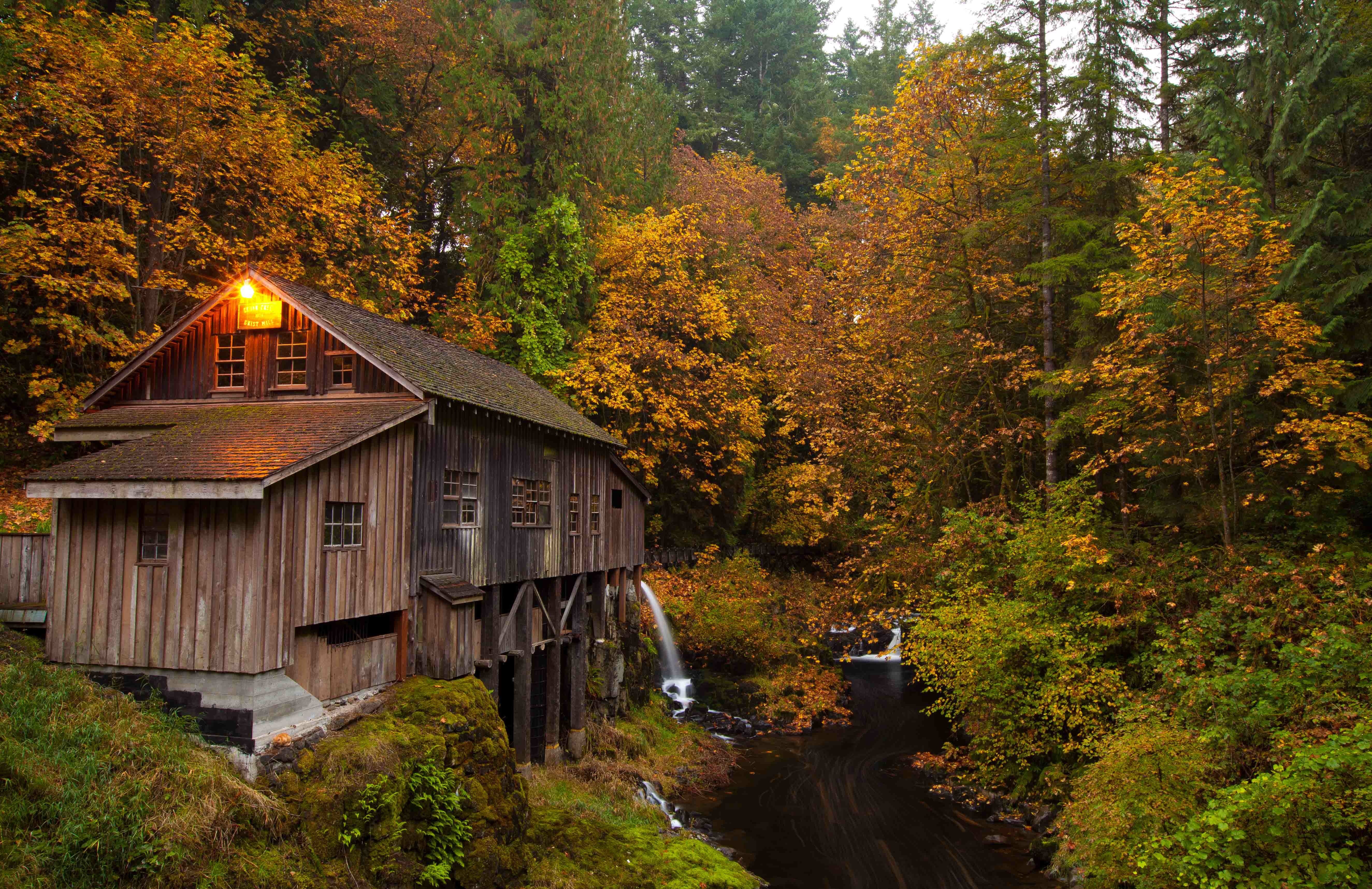 Wooden house in the woods above the rivulet Desktop wallpaper 1920x1080