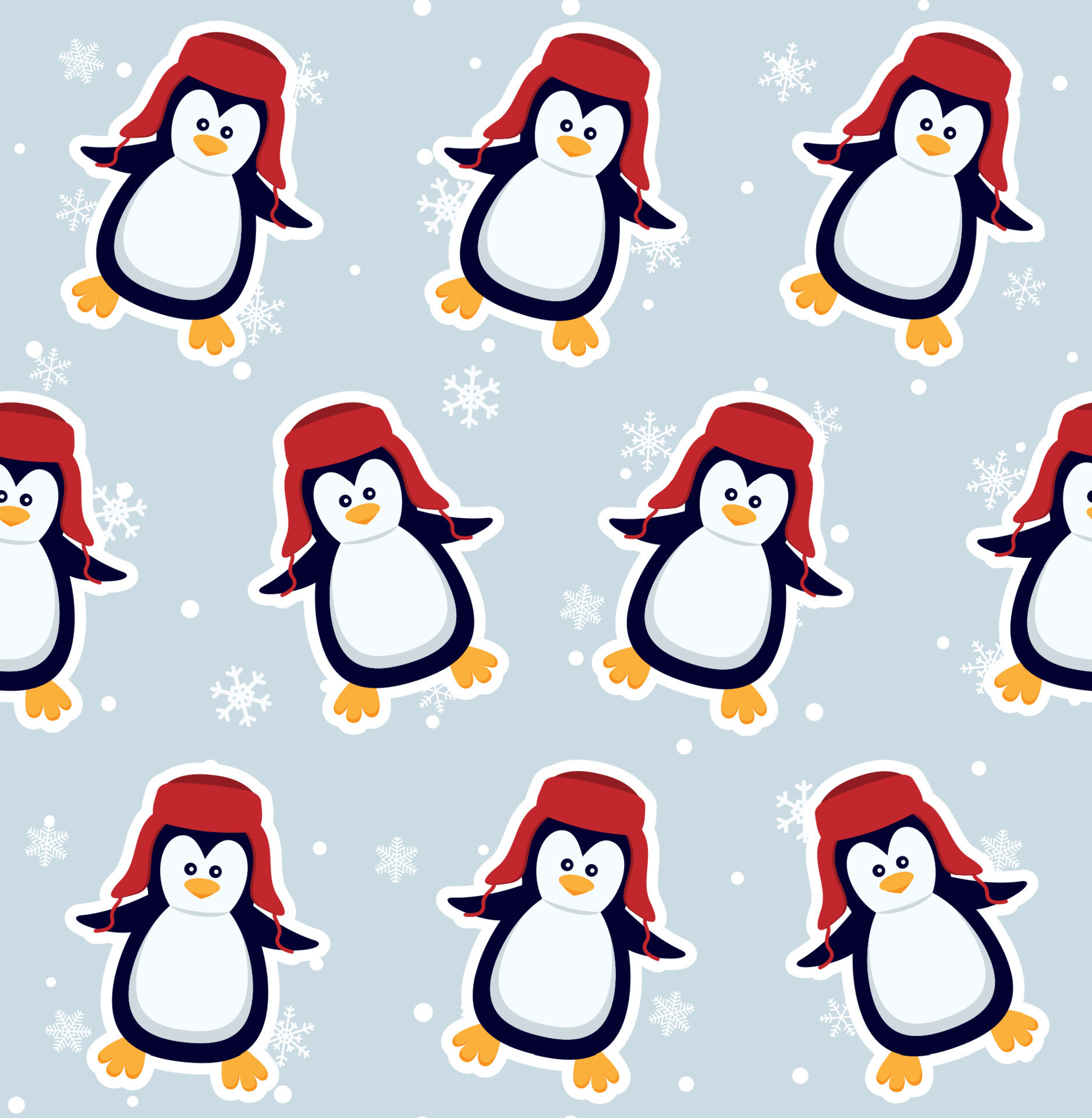 Penguins seamless pattern. Cute baby penguins in winter clothing and hats, christmas arctic animal, kids textile or wallpaper vector texture