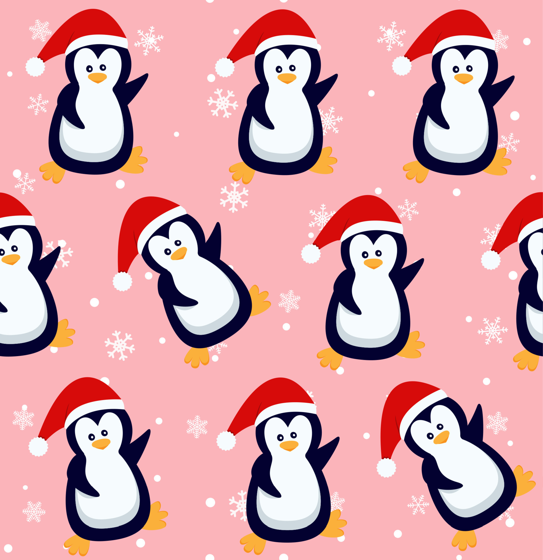Penguins seamless pattern. Cute baby penguins in winter clothing and hats, christmas arctic animal, kids textile or wallpaper vector texture