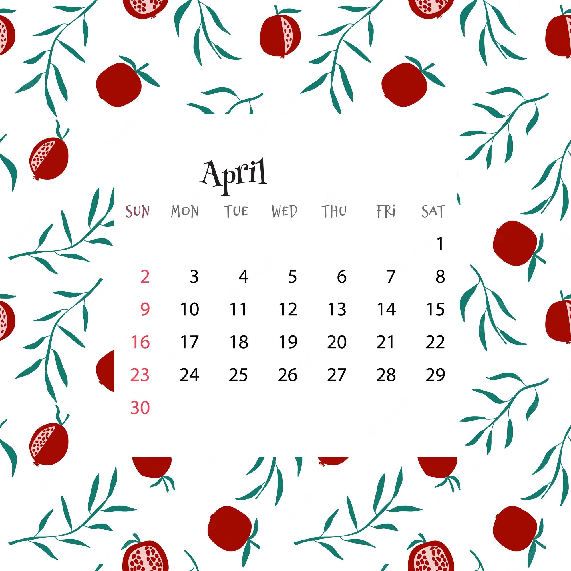 Premium Vector calendar for april vector illustration of month calendar on seamless pattern with pomegranates and leaves in cartoon flat style colorful backgroud with month grid