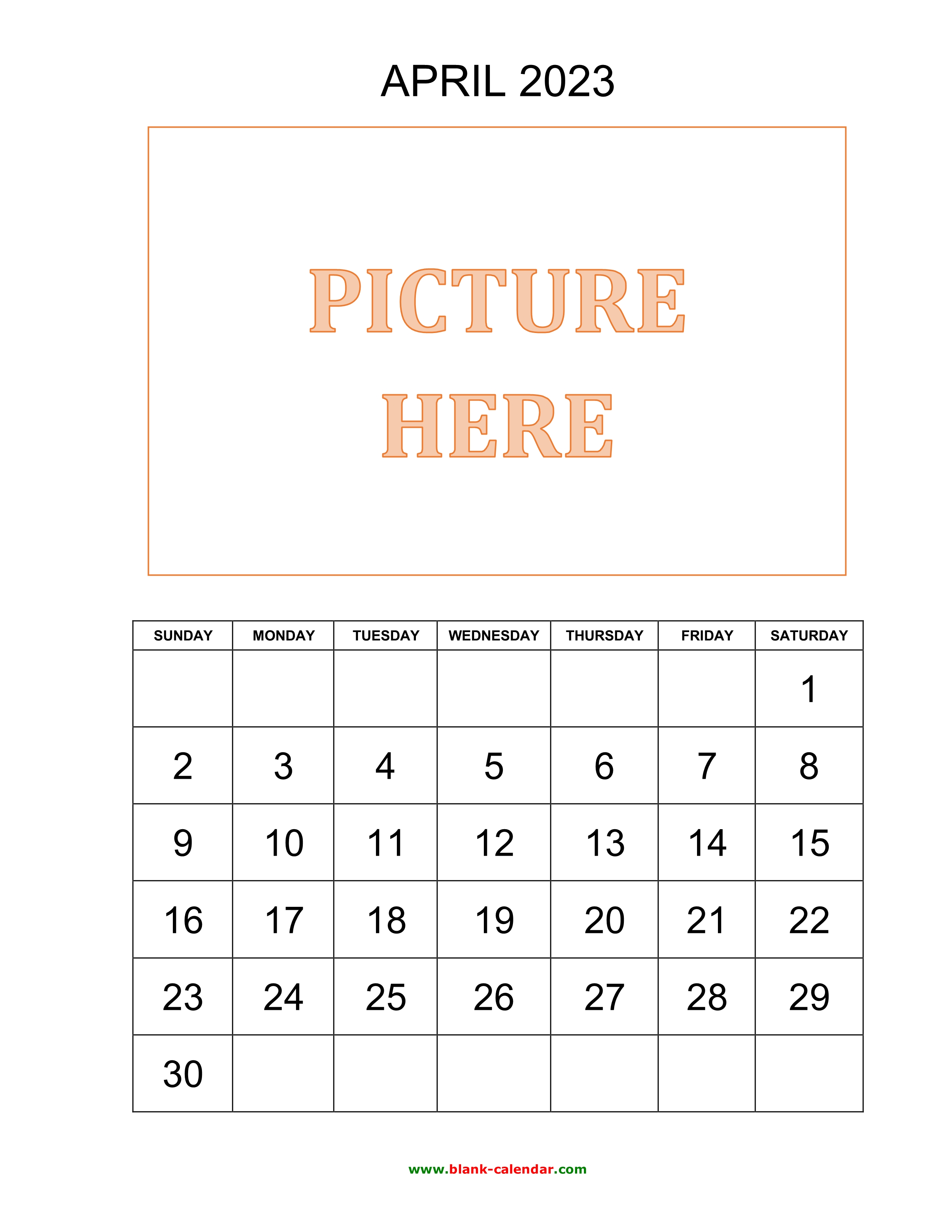Free Download Printable April 2023 Calendar, picture can be placed
