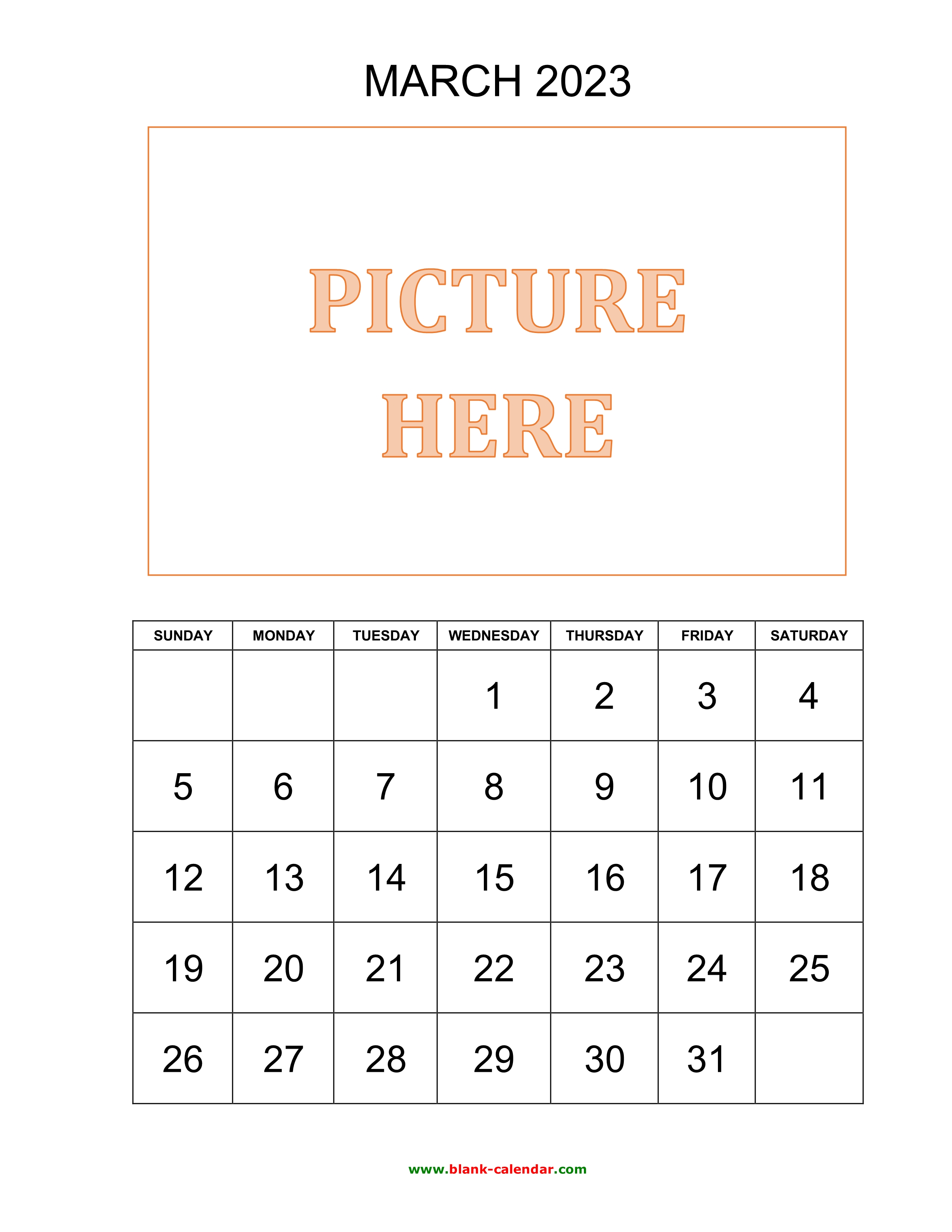 Free Download Printable March 2023 Calendar, pictures can be placed at the top