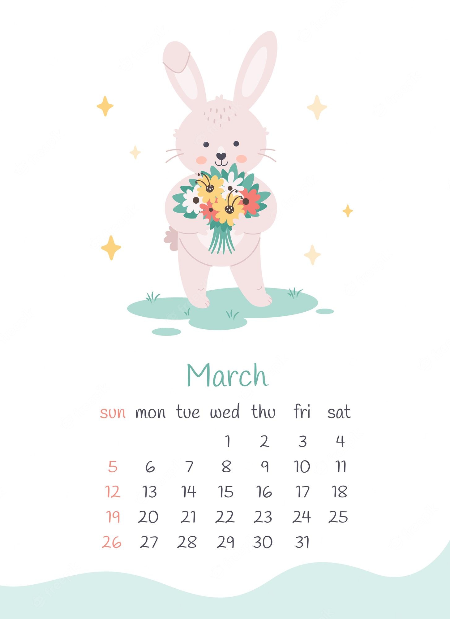 Premium Vector. March 2023 calendar. cute bunny with flowers. hello spring. the year of the rabbit