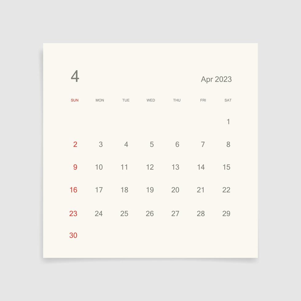 April 2023 calendar page on white background. Calendar background for reminder, business planning, appointment meeting and event. Week starts from Sunday. Vector