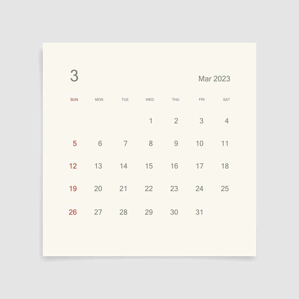 March 2023 calendar page on white background. Calendar backgrounds for reminder, business planning, appointment meeting and event. Week starts from Sunday. Vector. 15934886 Vector Art at Vecteezy