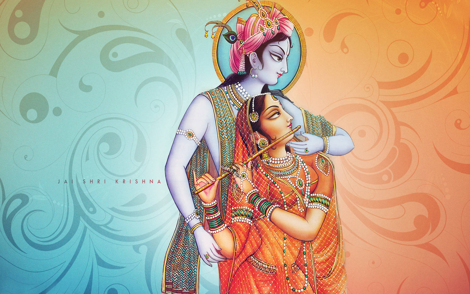 Download Radha Playing The Flute With Krishna Desktop Wallpaper