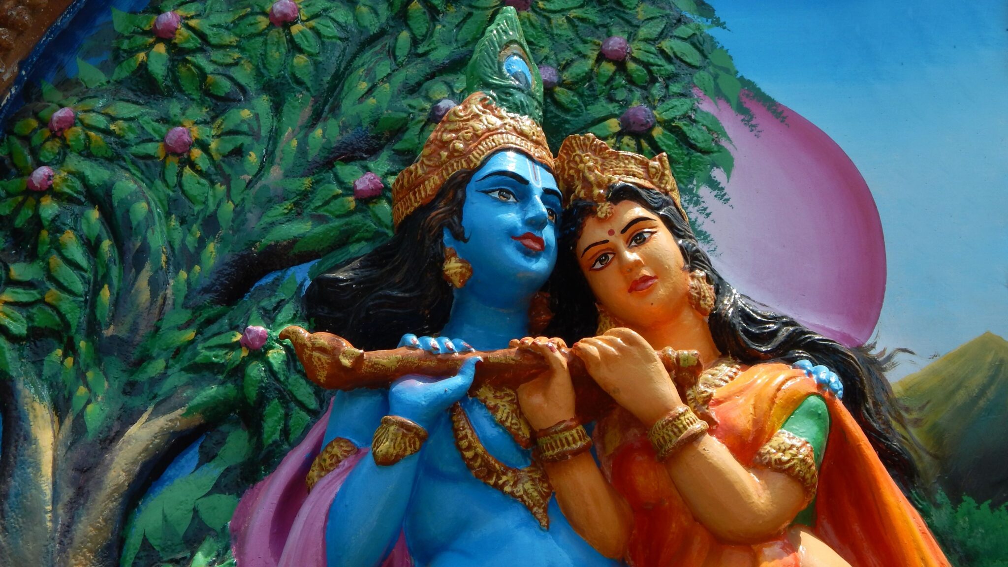 Radha Krishna Wallpaper Both Holding Flute For Desktop Wallpaper Download Full HD