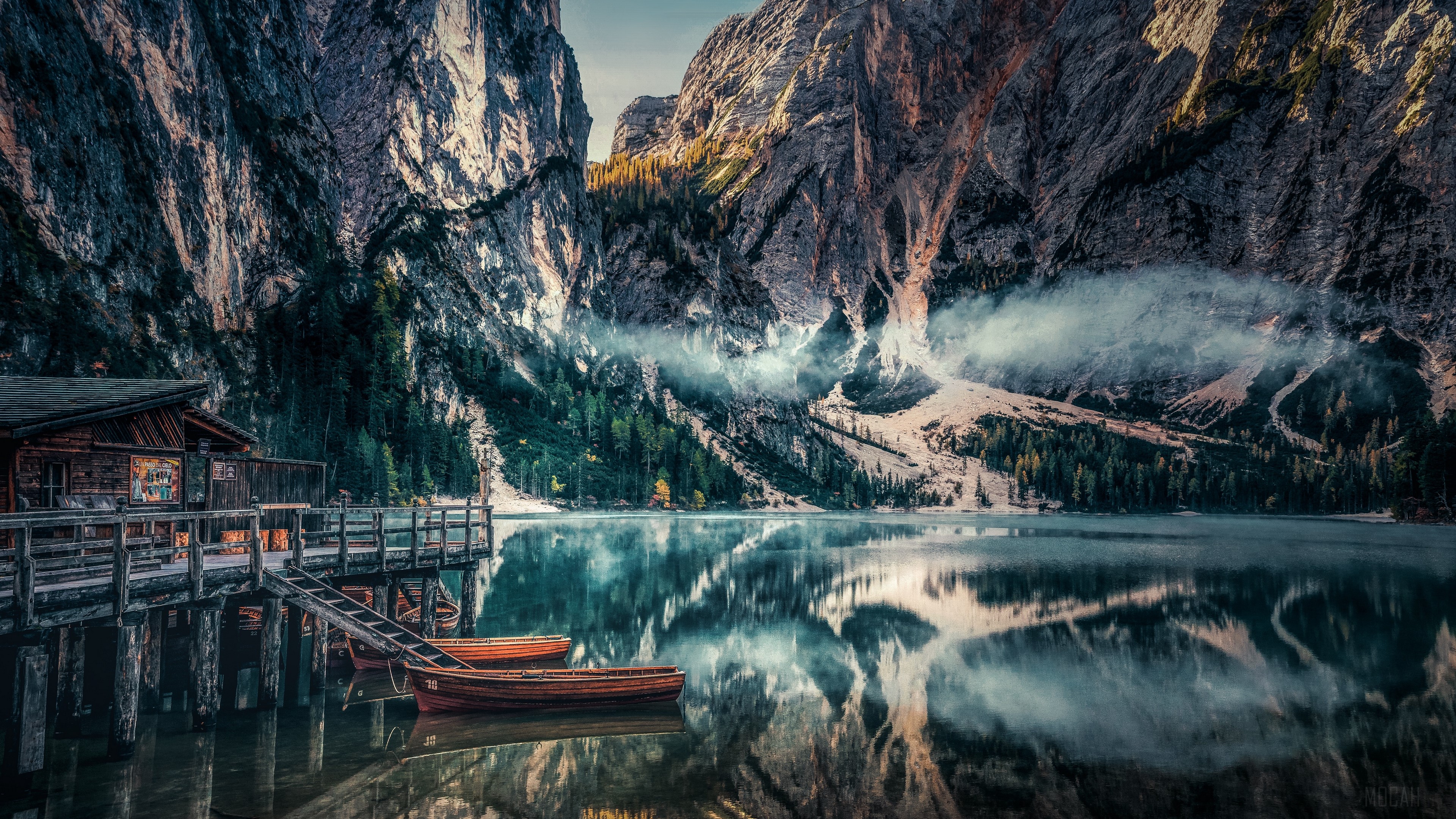 mountains, reflection, kayak, fog, dolomite mountains, italy 4k Gallery HD Wallpaper