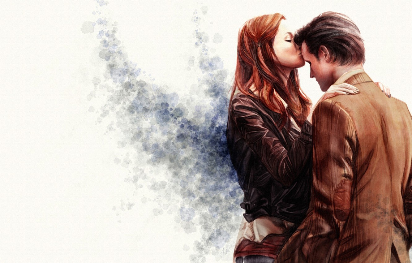 Wallpaper look, girl, background, mood, figure, kiss, actress, art, actor, male, guy, red hair, Doctor Who, Doctor Who, leather jacket, BBC image for desktop, section живопись