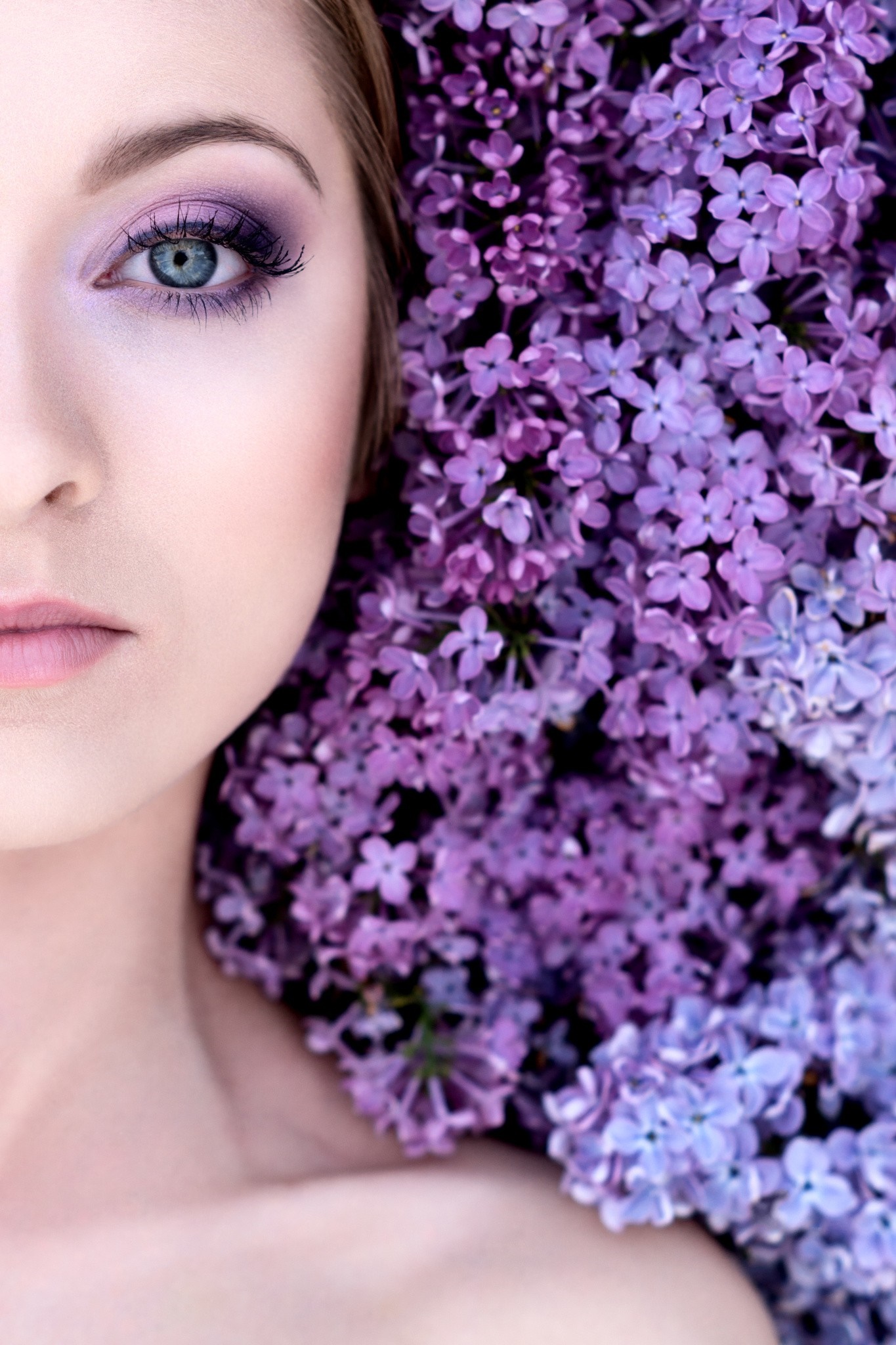 women, model, portrait, blue eyes, purple, violet, blue, lavender, pink, spring, lilac, flower, plant, beauty, eye, petal, human body, organ Gallery HD Wallpaper