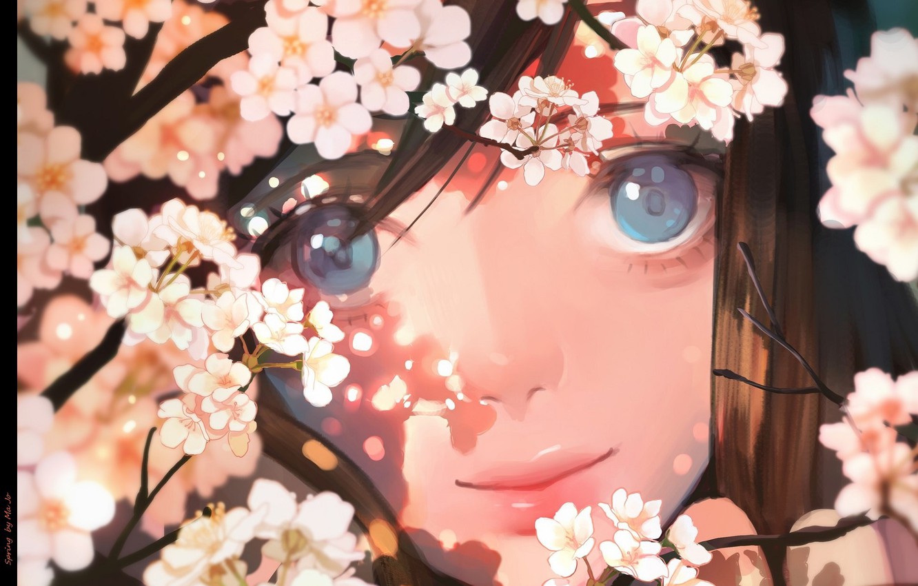 Wallpaper look, face, spring, girl, blue eyes, flowering, Sakura, light and shadow, by Ma Jo image for desktop, section сёдзё