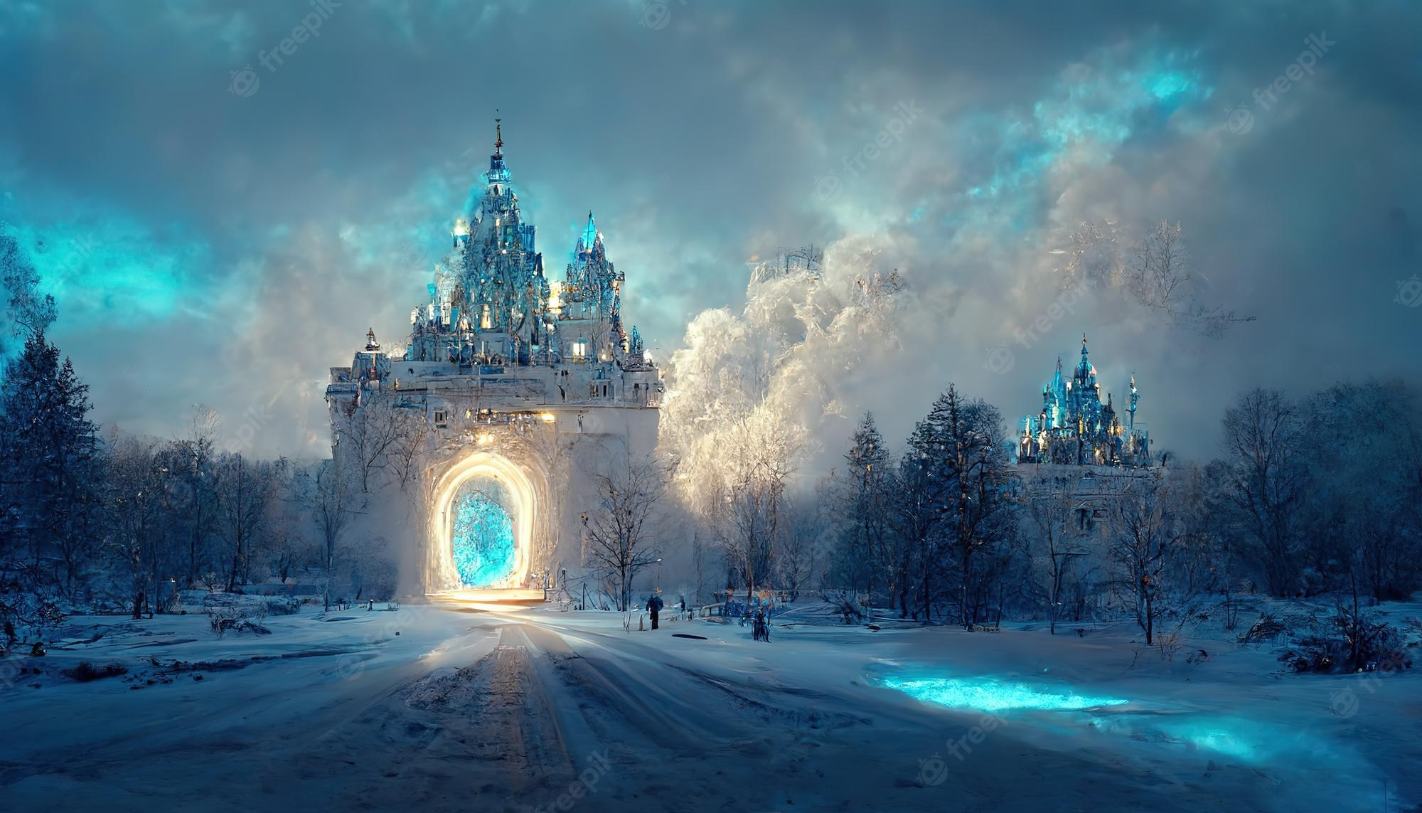 Premium Photo. Winter landscape with snow trees road and fantasy portal in the palace