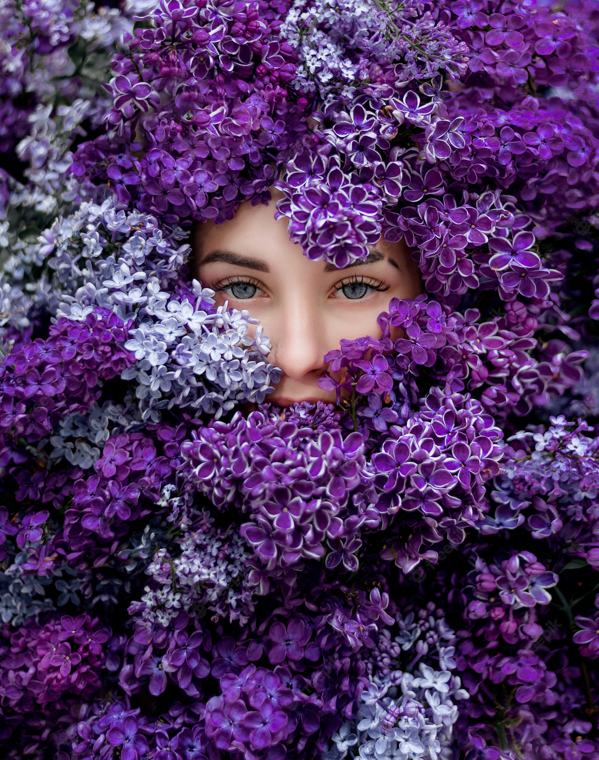 Free Photo. Blue eyes of young caucasian girl surrounded with lots of violet lilac, wallpaper