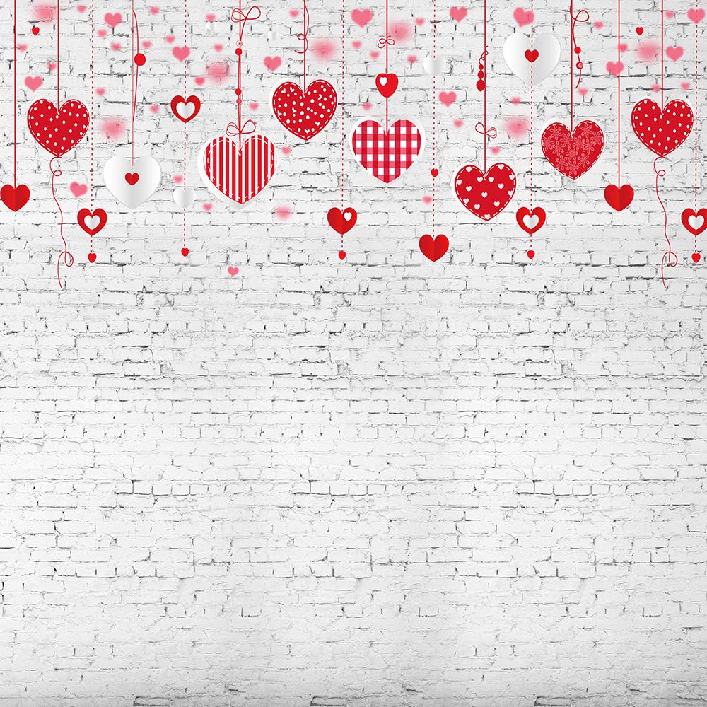 Amazon.com, 10x10ft Valentines Day Background Pink Red Cute Candy Hearts On Strings on White Brick Wall Backdrop Banners Couple Lovers Portrait Photo Booth Studio Background Decors Poster Photohoot Wallpaper