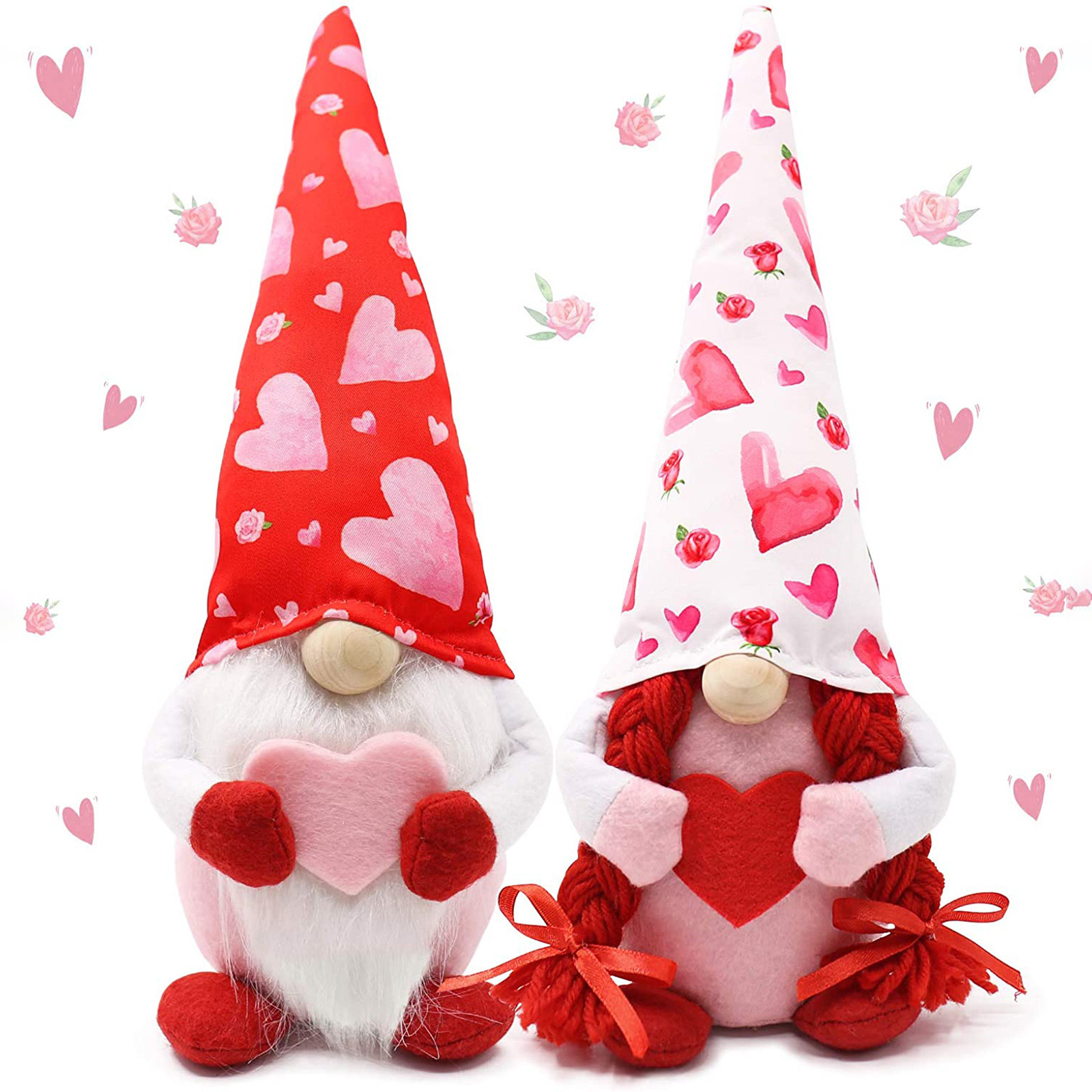 Bouanq Gnome Valentine's Day Ornaments Set of 2, Handmade Swedish Tomte Gnomes Decorative Ornaments Plush Scandinavian Santa Elf Home Table Decor Red