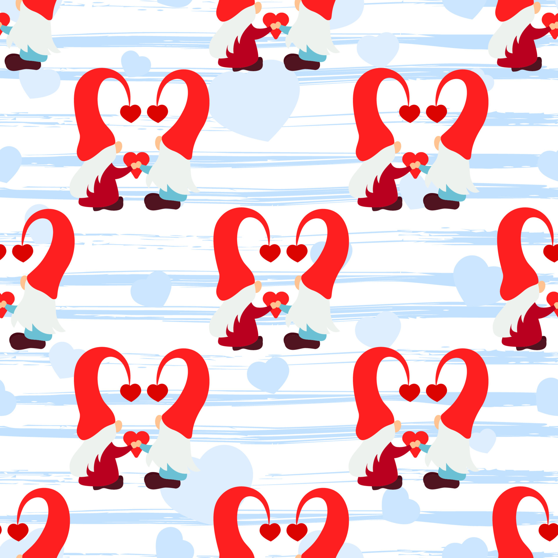 Seamless pattern with gnome couple, heart, texture blue stripes. Love background. Valentines day holiday concept. For scrapbooking, wallpaper, paper for gift, print fabric Vector backdrop
