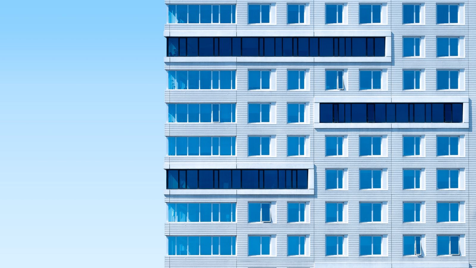 Download wallpaper 1600x900 building, architecture, sky, minimalism, blue, aesthetic widescreen 16:9 HD background