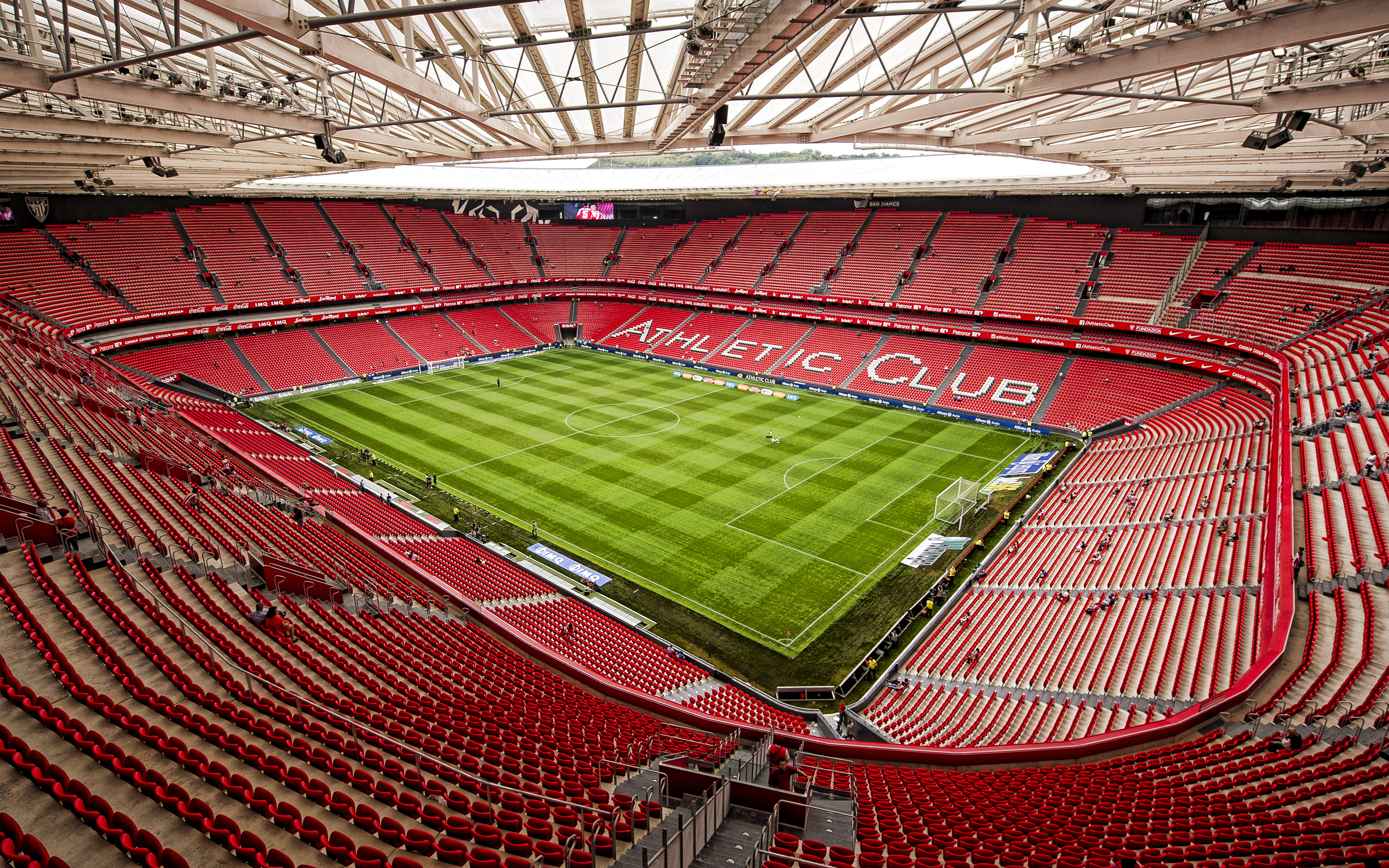 Download wallpaper San Mames Stadium, Athletic Bilbao stadium, inside view, green soccer field, La Liga, football, Bilbao, Basque Country, Spain for desktop with resolution 3840x2400. High Quality HD picture wallpaper