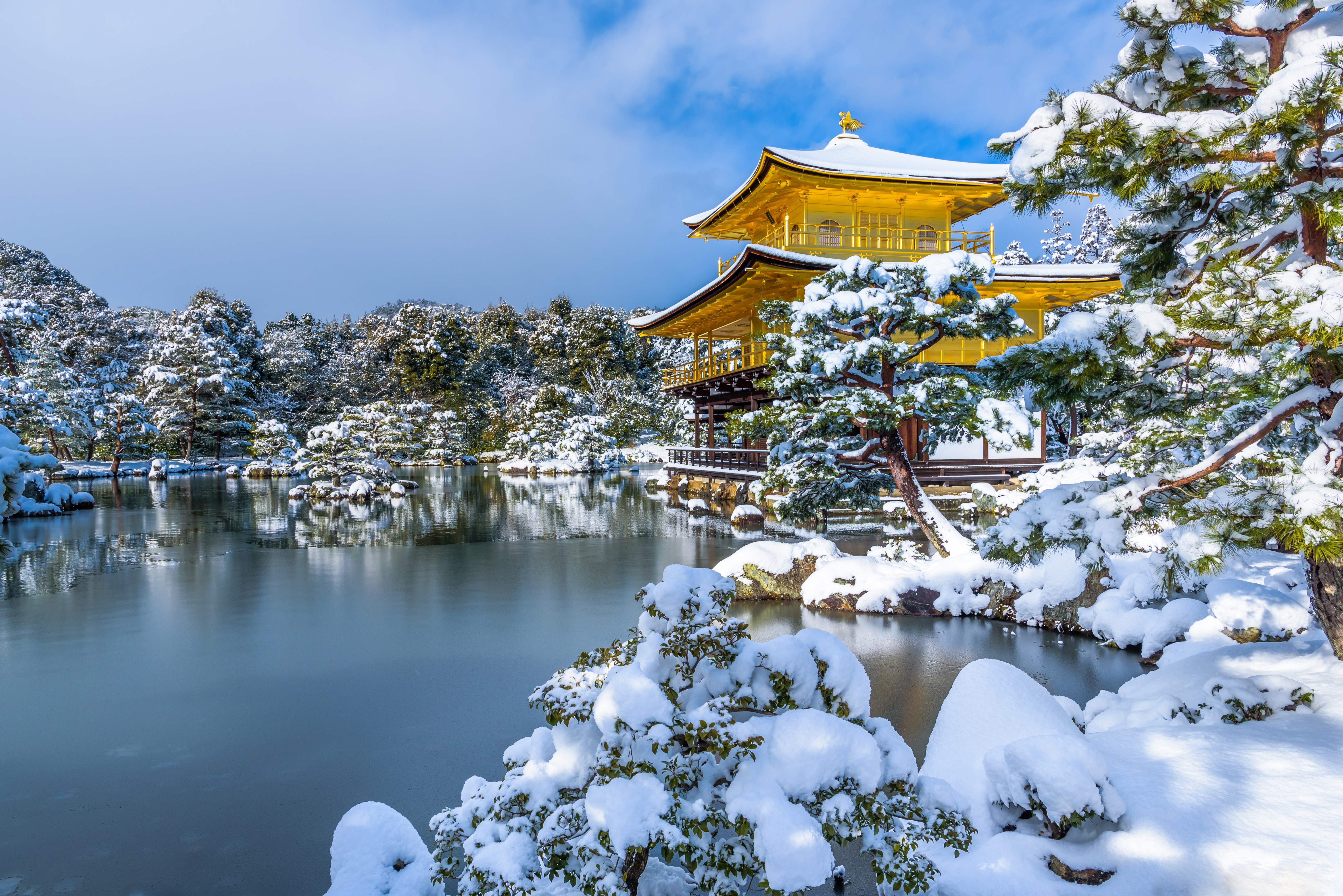 4K, 5K, 6K, Kyoko Chi Pond, Kinkaku Ji, Golden Pavilion, Winter, Pagodas, Pond, Japan, Snow Gallery HD Wallpaper