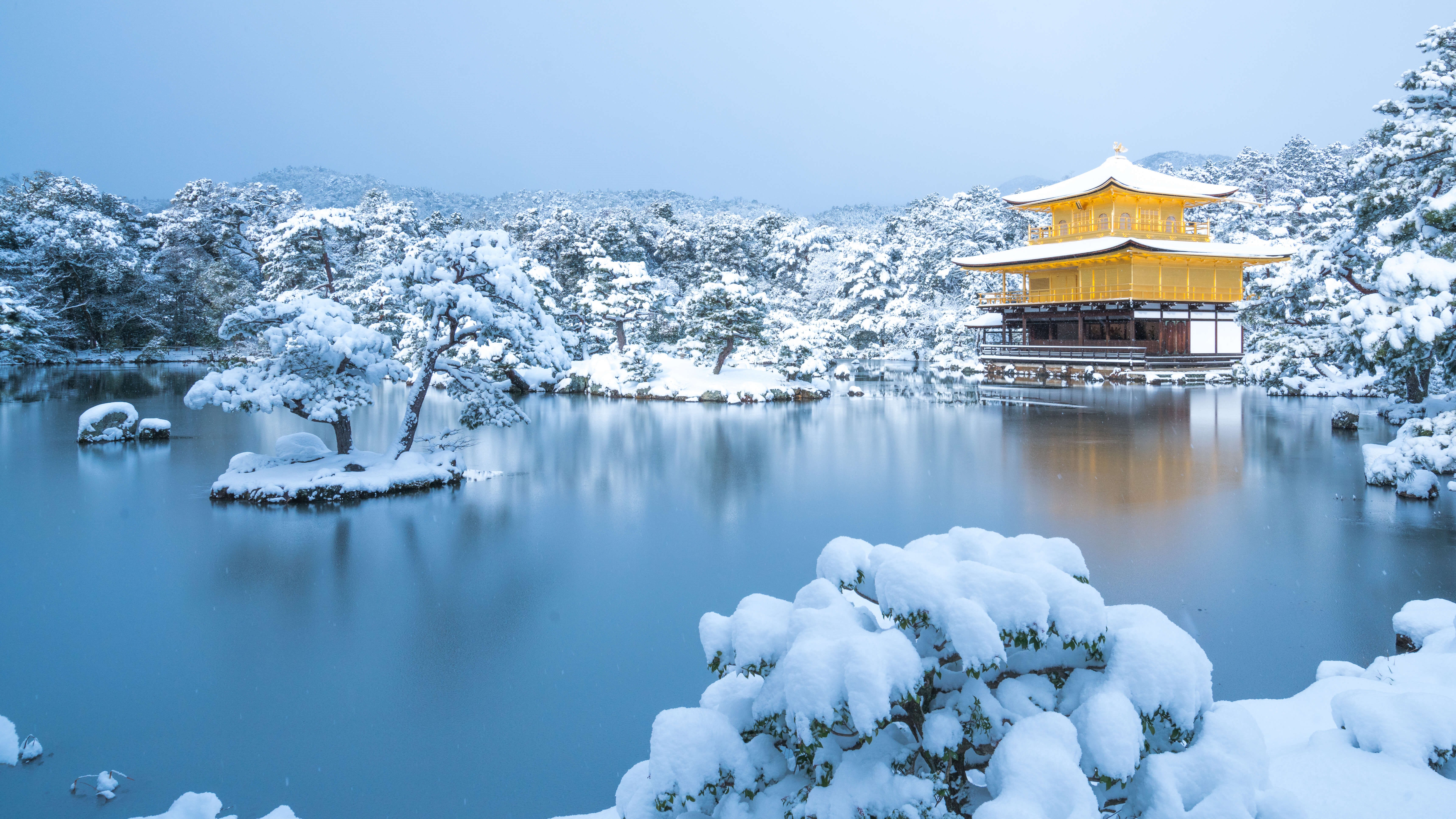 4K, Lake, Japan, Asia, Kyoto, Nature, Building, Kinkaku Ji, Ice, Snow, Trees, Water, Winter, Cold Gallery HD Wallpaper