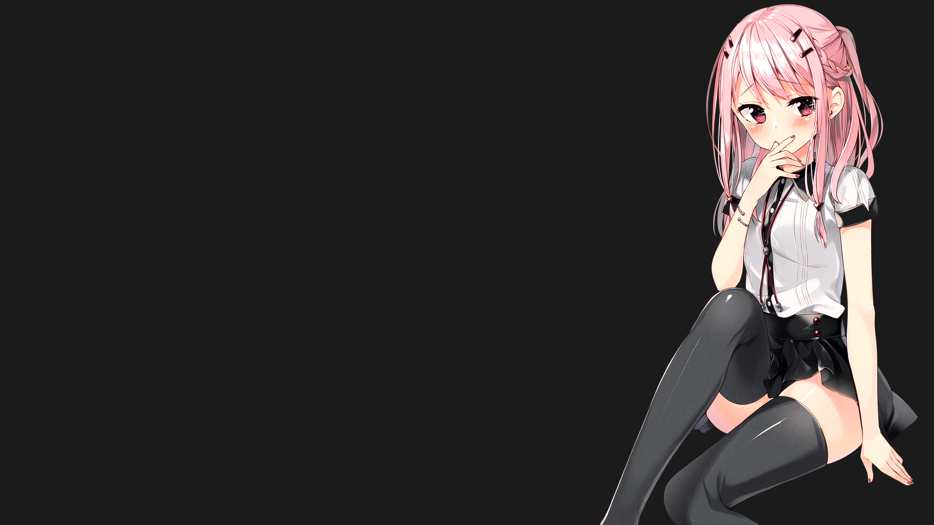 Wallpaper / anime girls, minimalism, pink hair, pink eyes, black background, long hair, hair pins, blushing free download