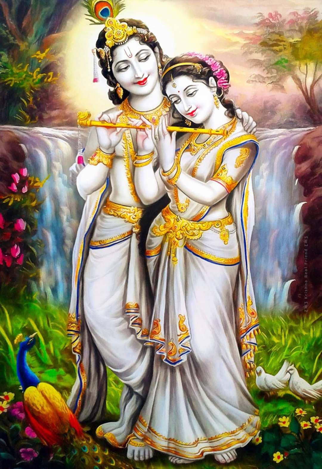 Download Cute Radha Krishna Waterfall Art Wallpaper
